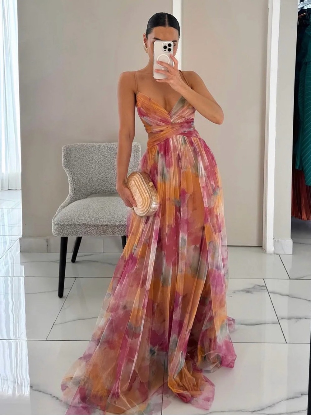Watercolor Floral Maxi Dress with Twist Bodice - Pink & Gold Tones